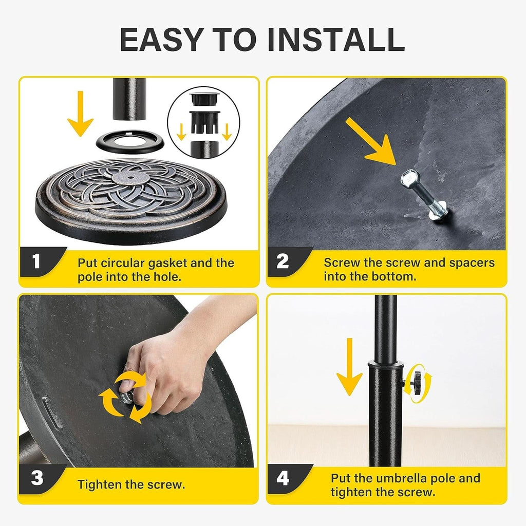 Step-by-step installation guide for an umbrella stand with text 'Easy to Install'.