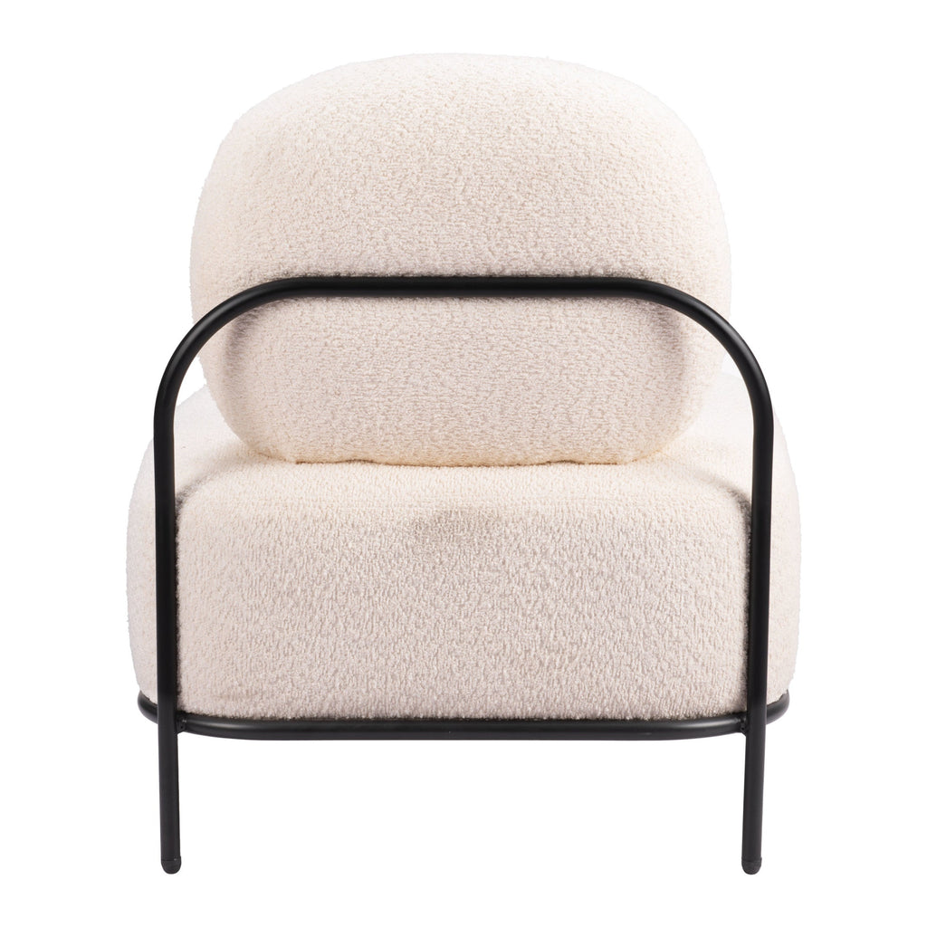 Cream-colored armchair with black metal frame on a white background