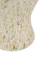 Close-up of a decorative vase with a stone mosaic pattern on a white background