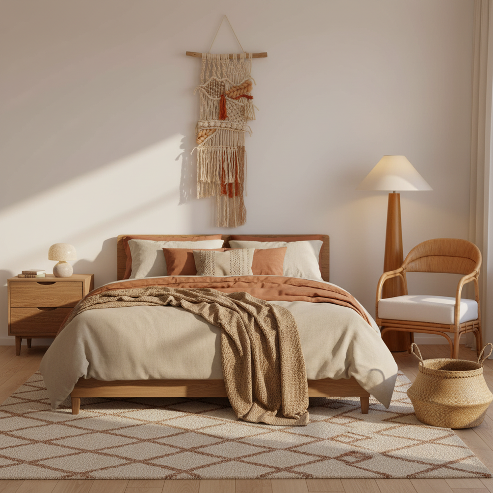 Cozy bedroom with wooden bed, lamp, and chair in a warm color scheme.