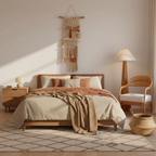 Cozy bedroom with wooden bed, lamp, and chair in a warm color scheme.