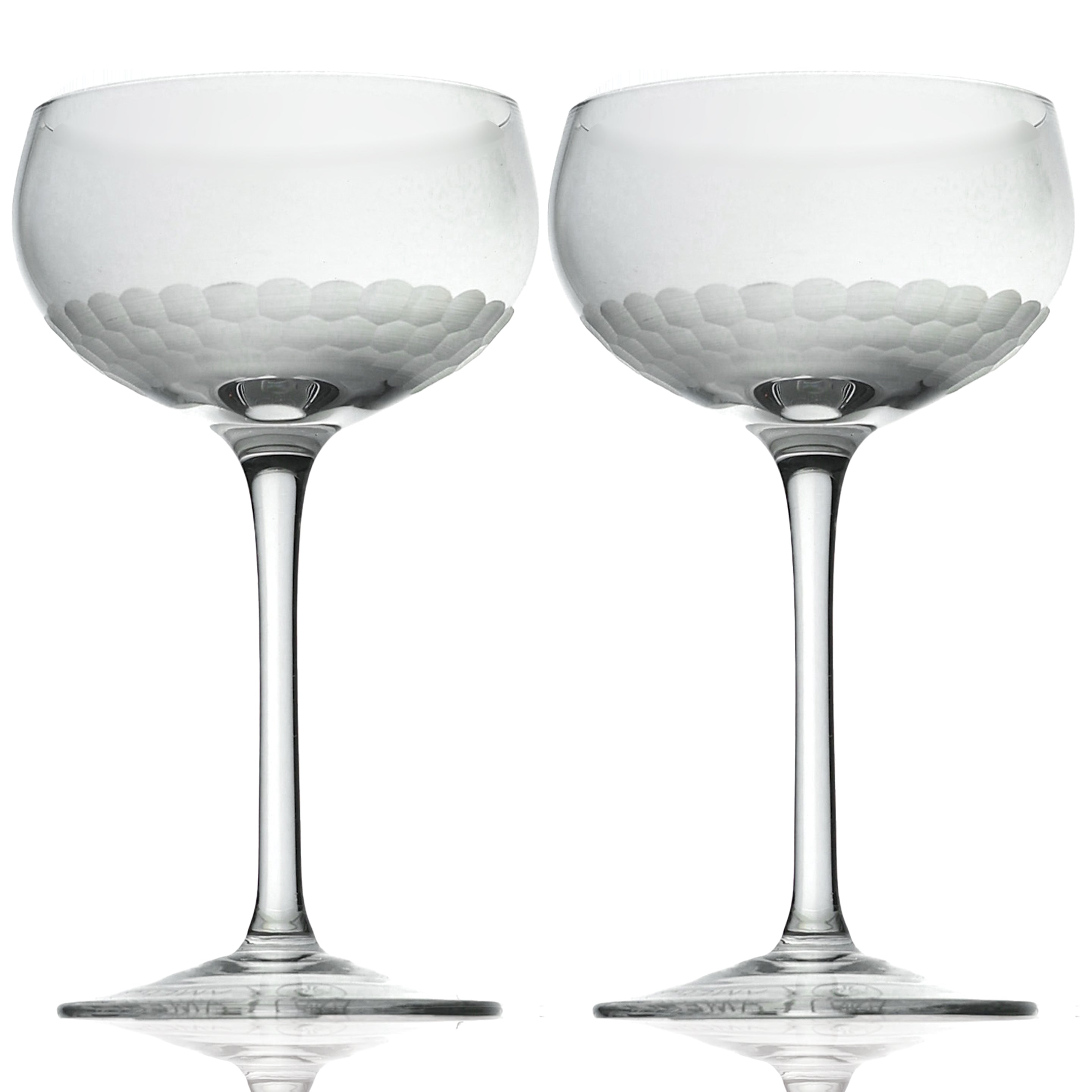 Two clear glass goblets with textured bases on a white background