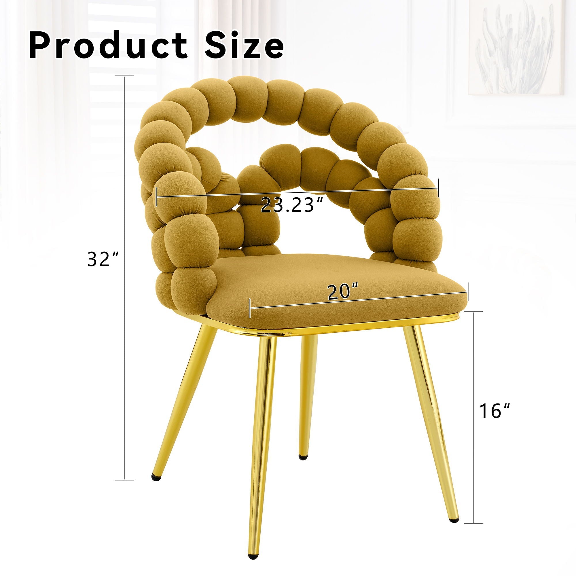 Yellow chair with circular backrest and gold legs, shown with measurements on a white background.