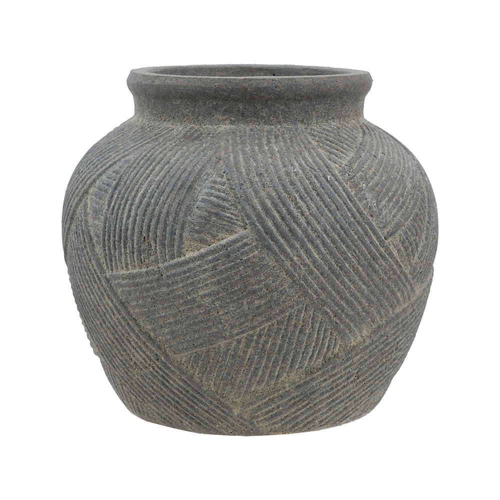 A dark gray textured ceramic pot with a ribbed, basketweave-like carved pattern, shown against a plain white background.