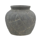 A dark gray textured ceramic pot with a ribbed, basketweave-like carved pattern, shown against a plain white background.