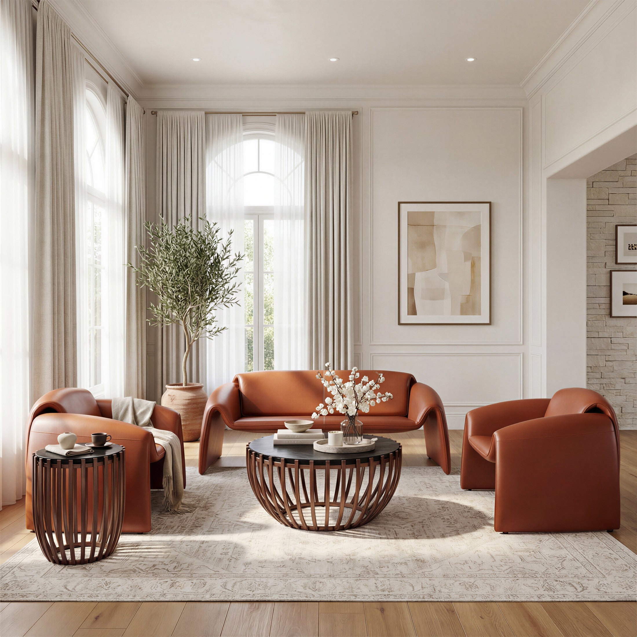 Modern living room with brown leather furniture and a wooden coffee table.