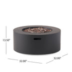 Black fire pit with dimensions labeled on a white background
