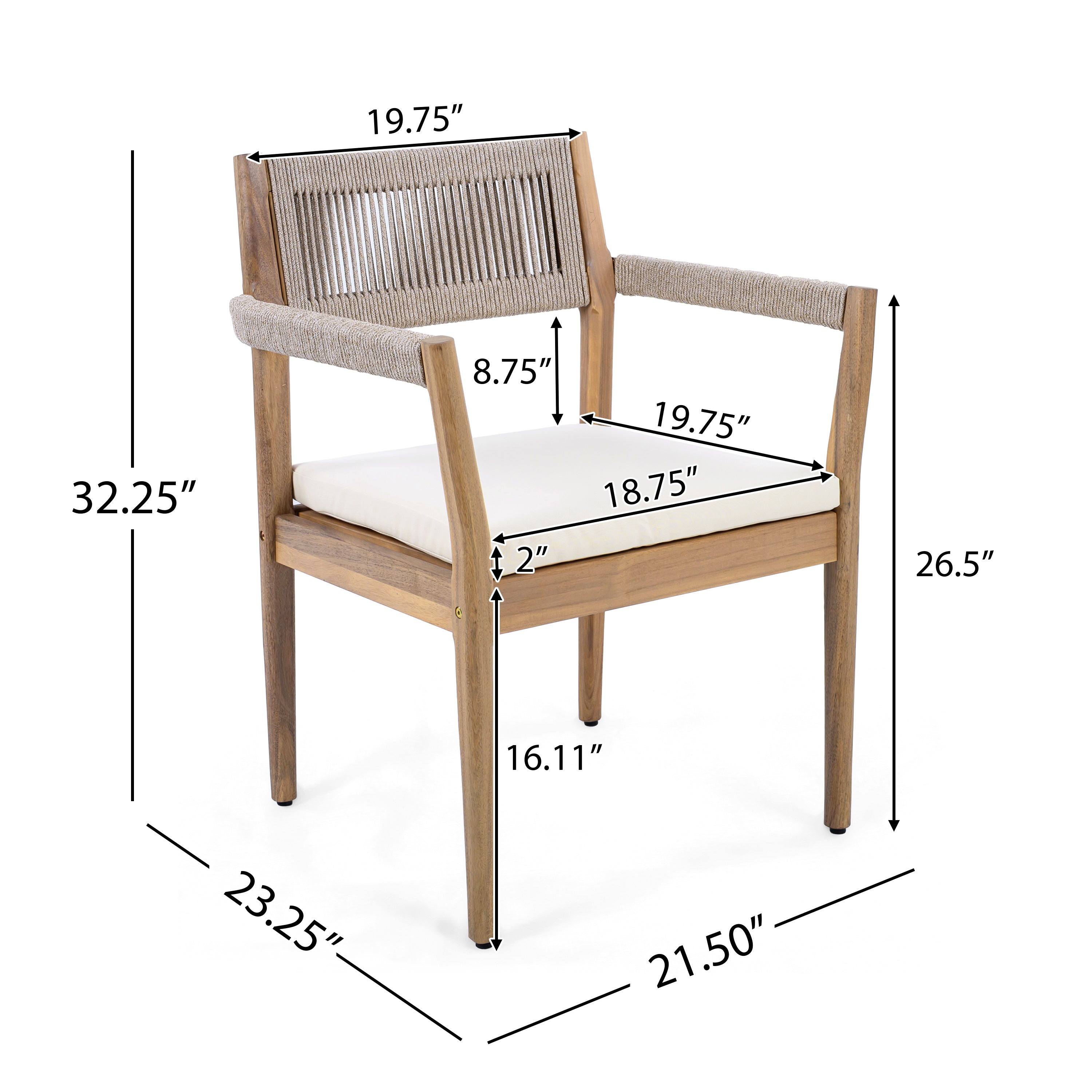 Measurement chart of a wooden chair with white cushion on a white background
