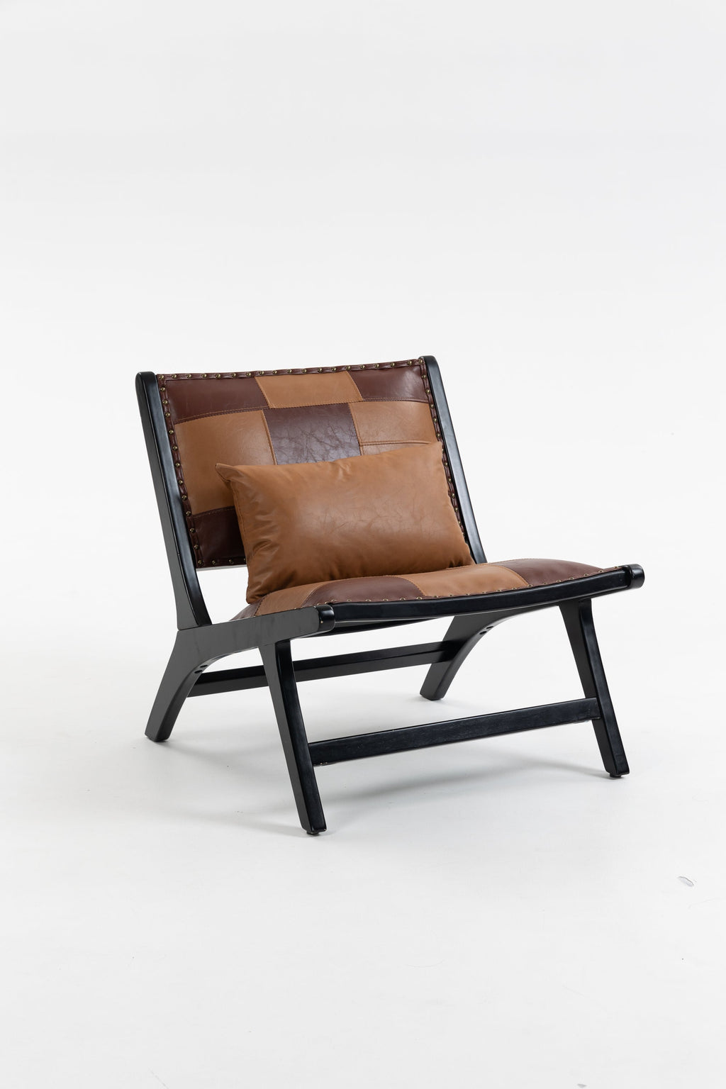 Chair with brown leather patchwork seat and black frame on a white background