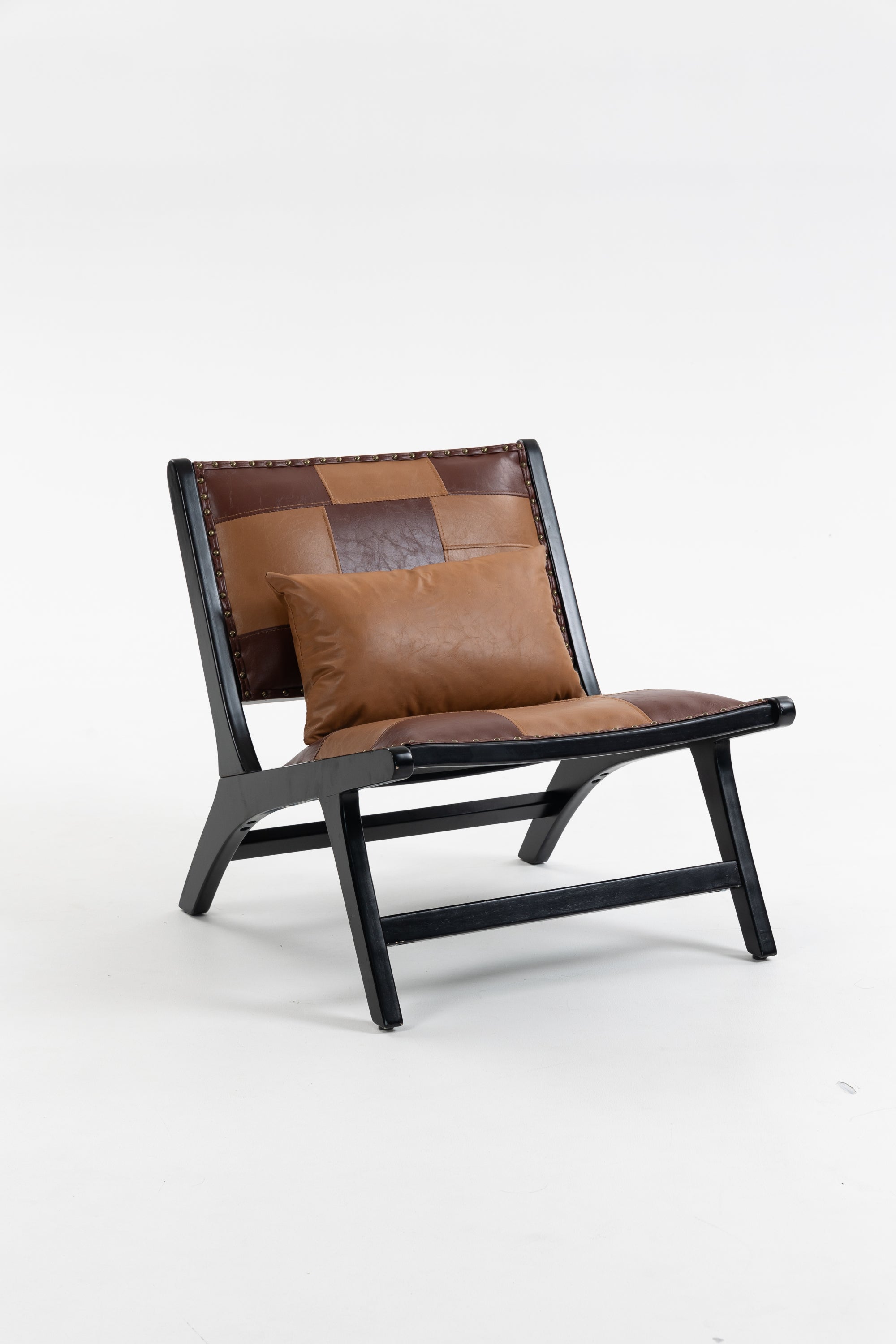 Chair with brown leather patchwork seat and black frame on a white background