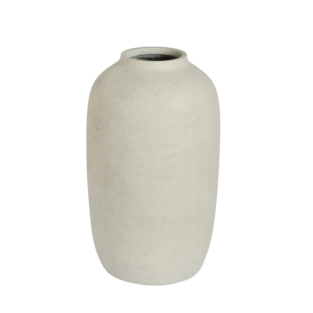 A small matte ceramic vase with a textured, speckled finish in a warm off-white or light beige color, shown against a plain white background.