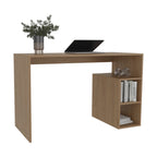 Wooden desk with a laptop, plant, and books on a white background