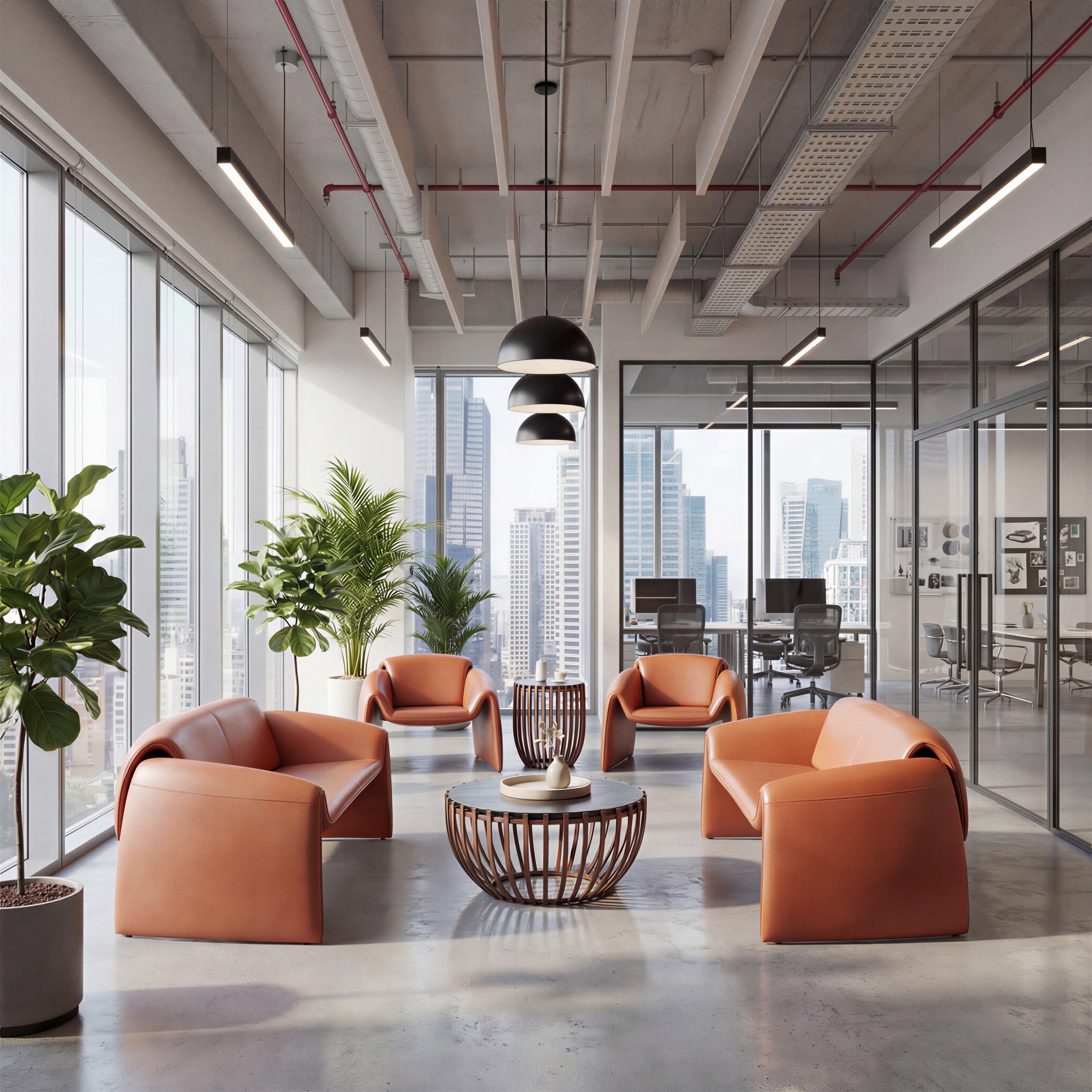 Modern office lobby with orange leather chairs and a glass wall.