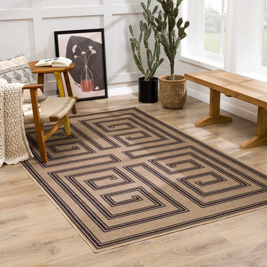 Living room with a patterned rug, wooden furniture, and decorative elements.
