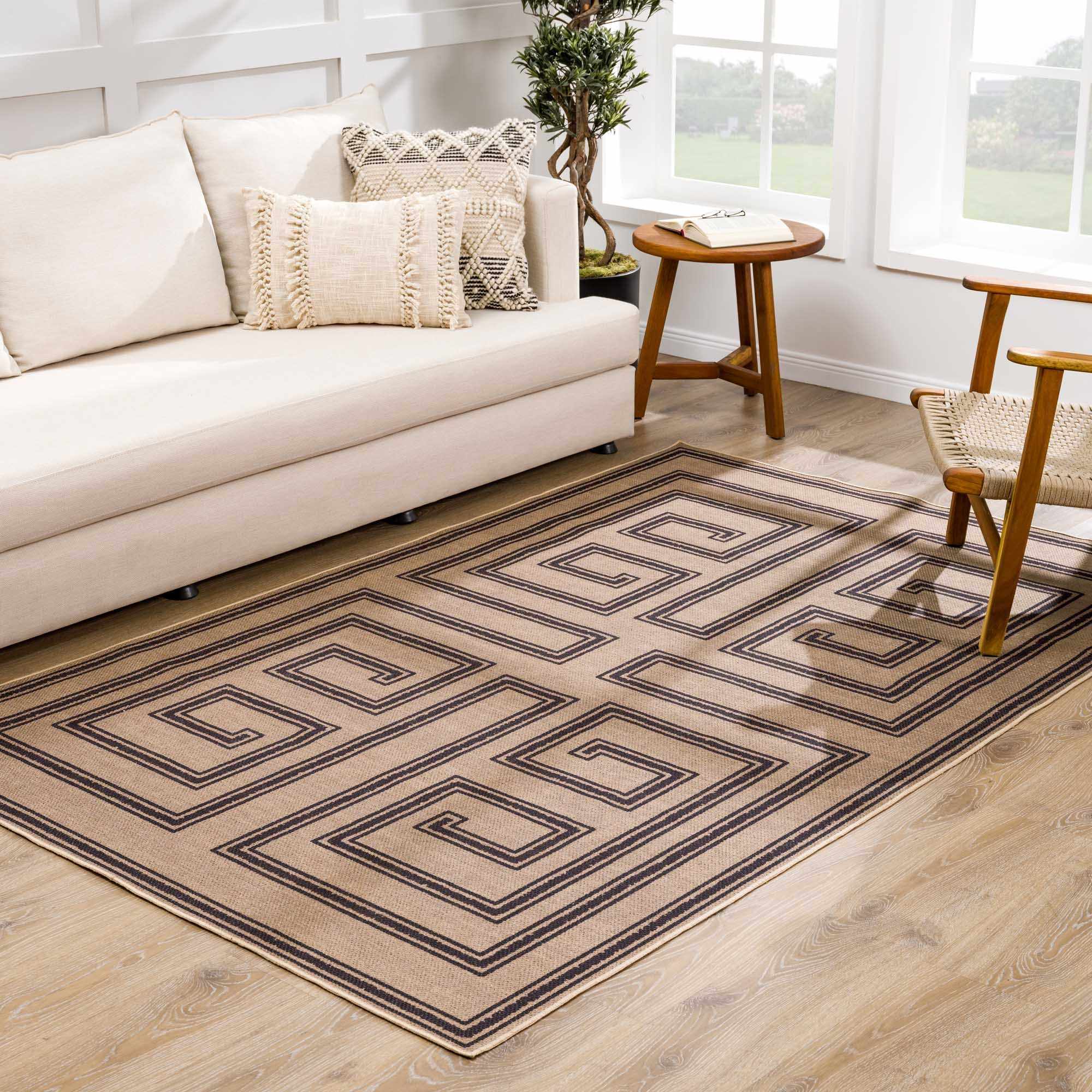 Living room with a beige sofa, decorative pillows, and a patterned rug.
