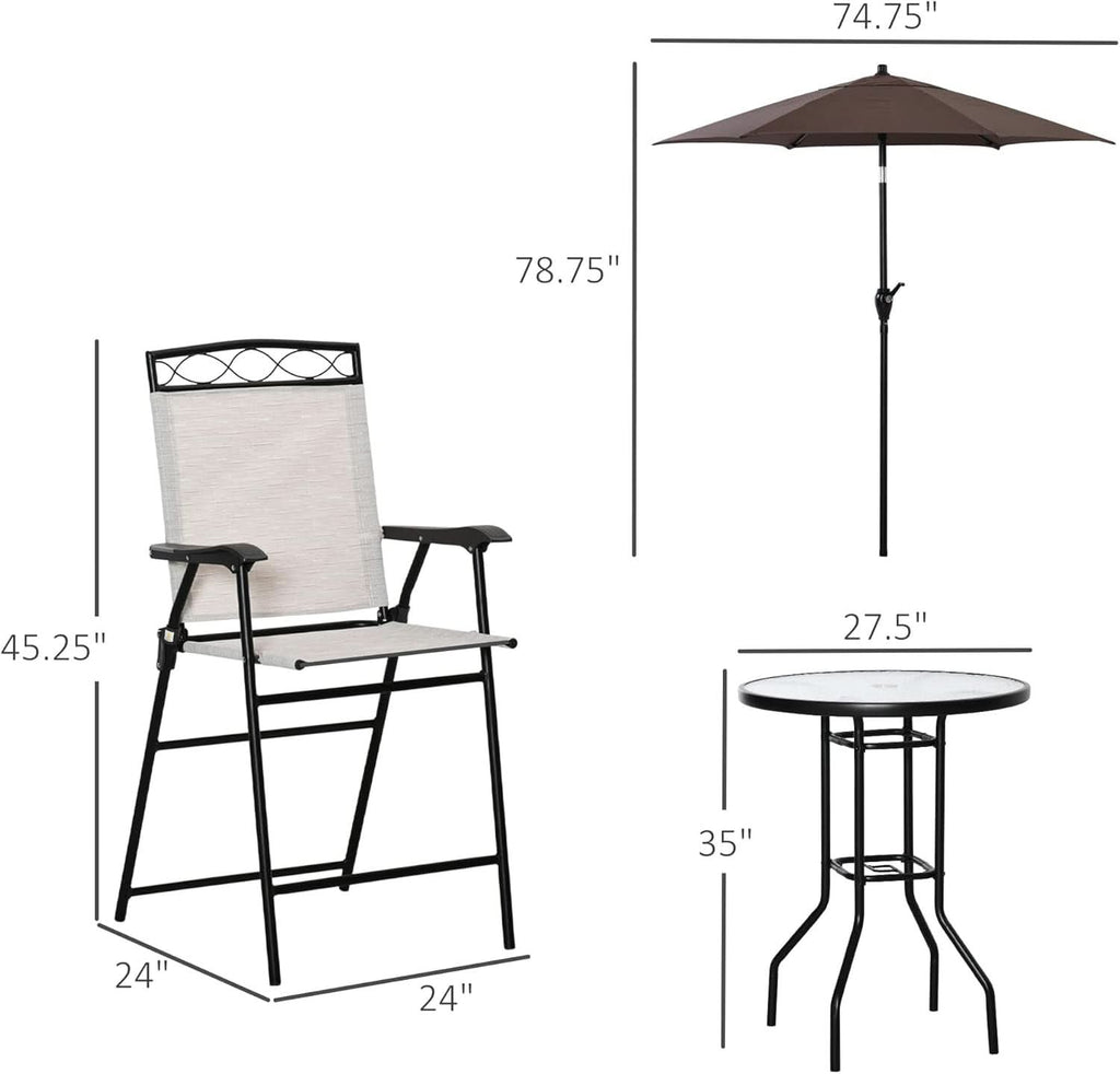 Outdoor furniture set with chair, table, and umbrella with dimensions labeled.