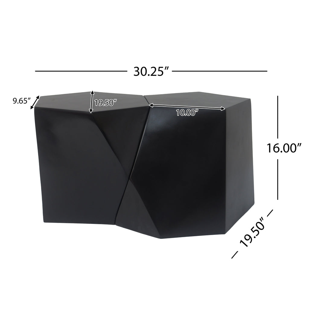 Black geometric coffee table with measurements on a white background