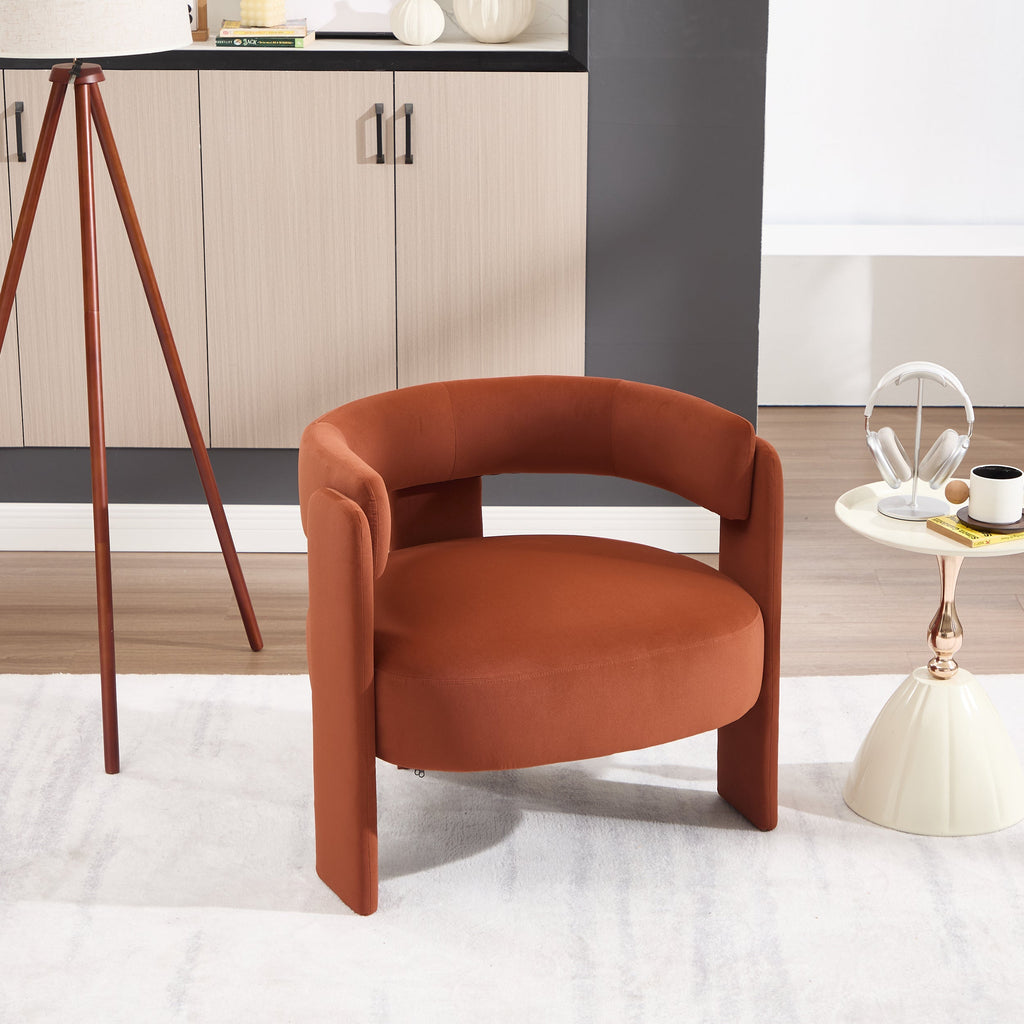Brown armchair in a modern room with a cabinet and small table.