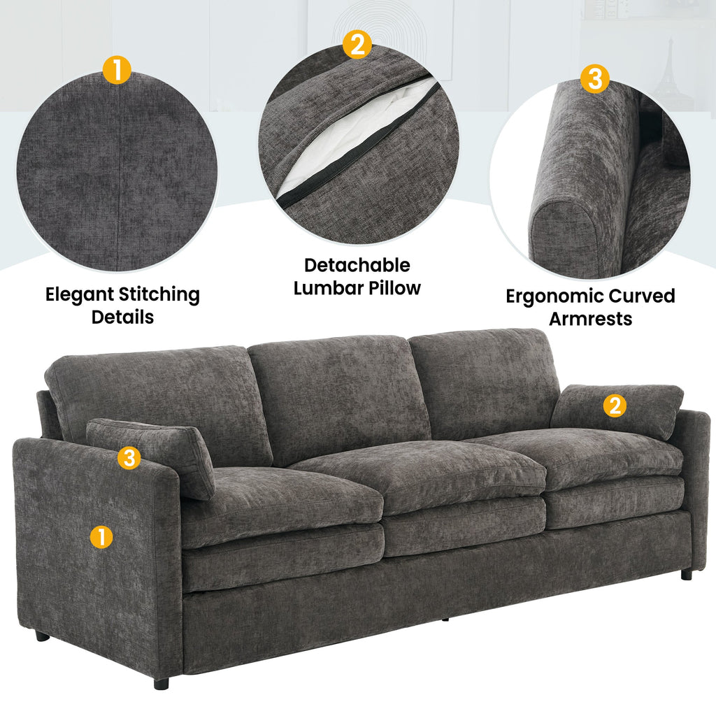 Gray sofa with features highlighted on a white background