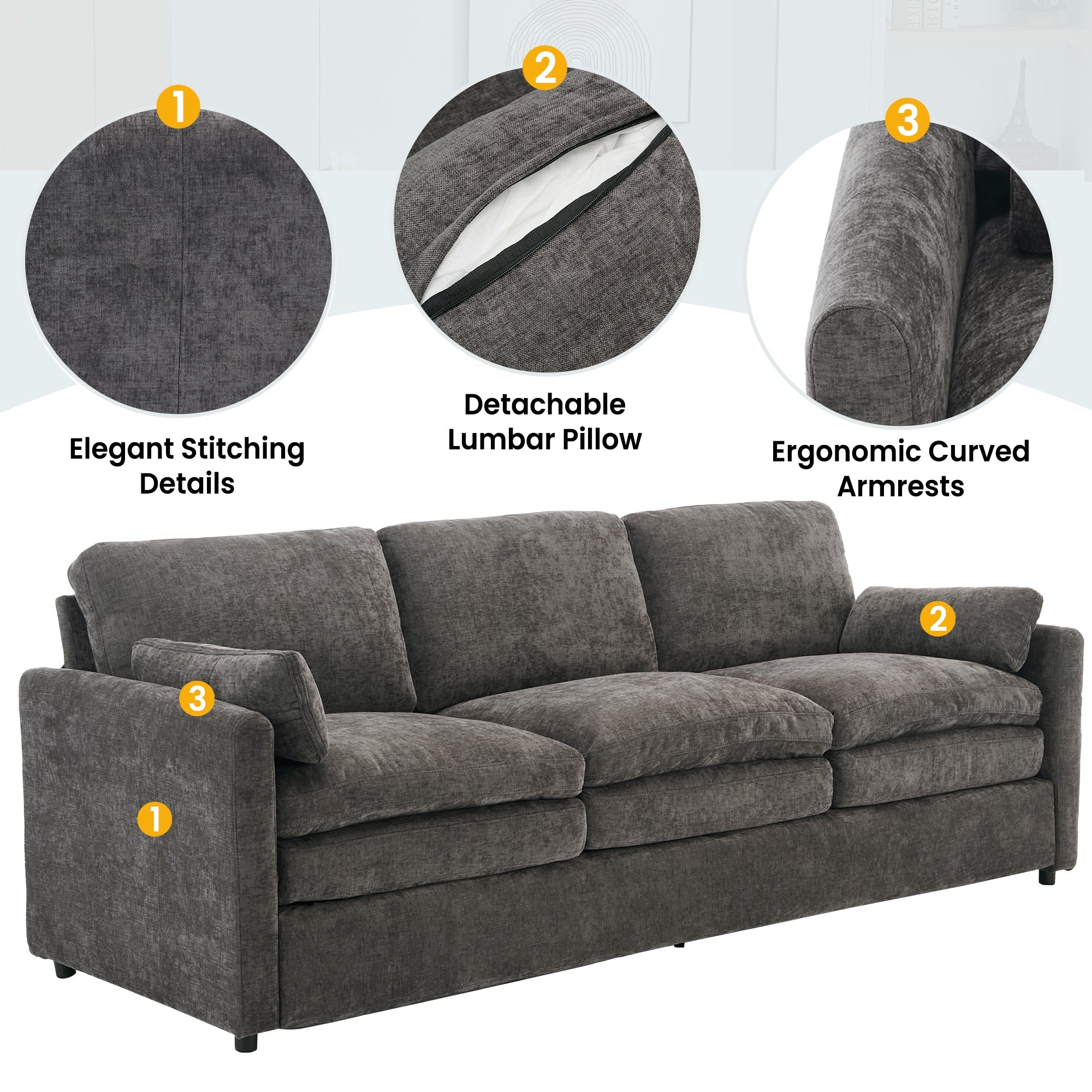 Gray sofa with features highlighted on a white background