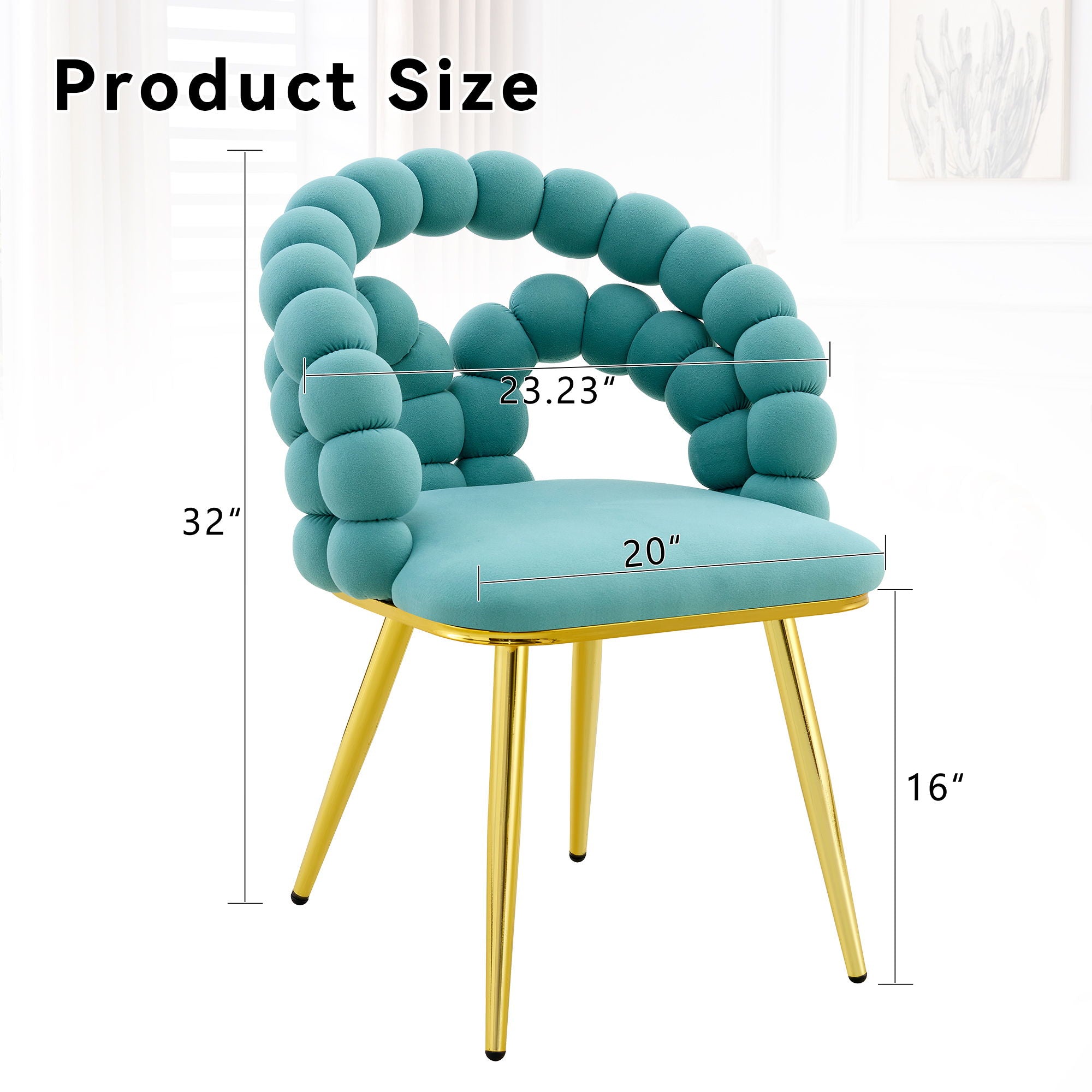 Teal chair with circular backrest and gold legs, shown with measurements on a white background.