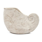 Decorative shell-shaped vase with textured surface on a white background