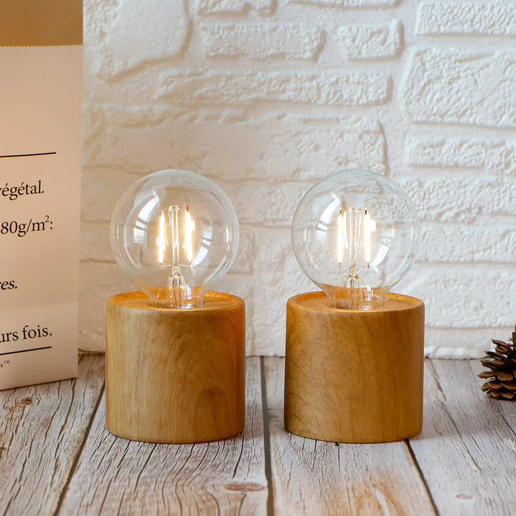 Tall Wood Grain Battery Powered Table Lamp 6.5" (Set of 2)