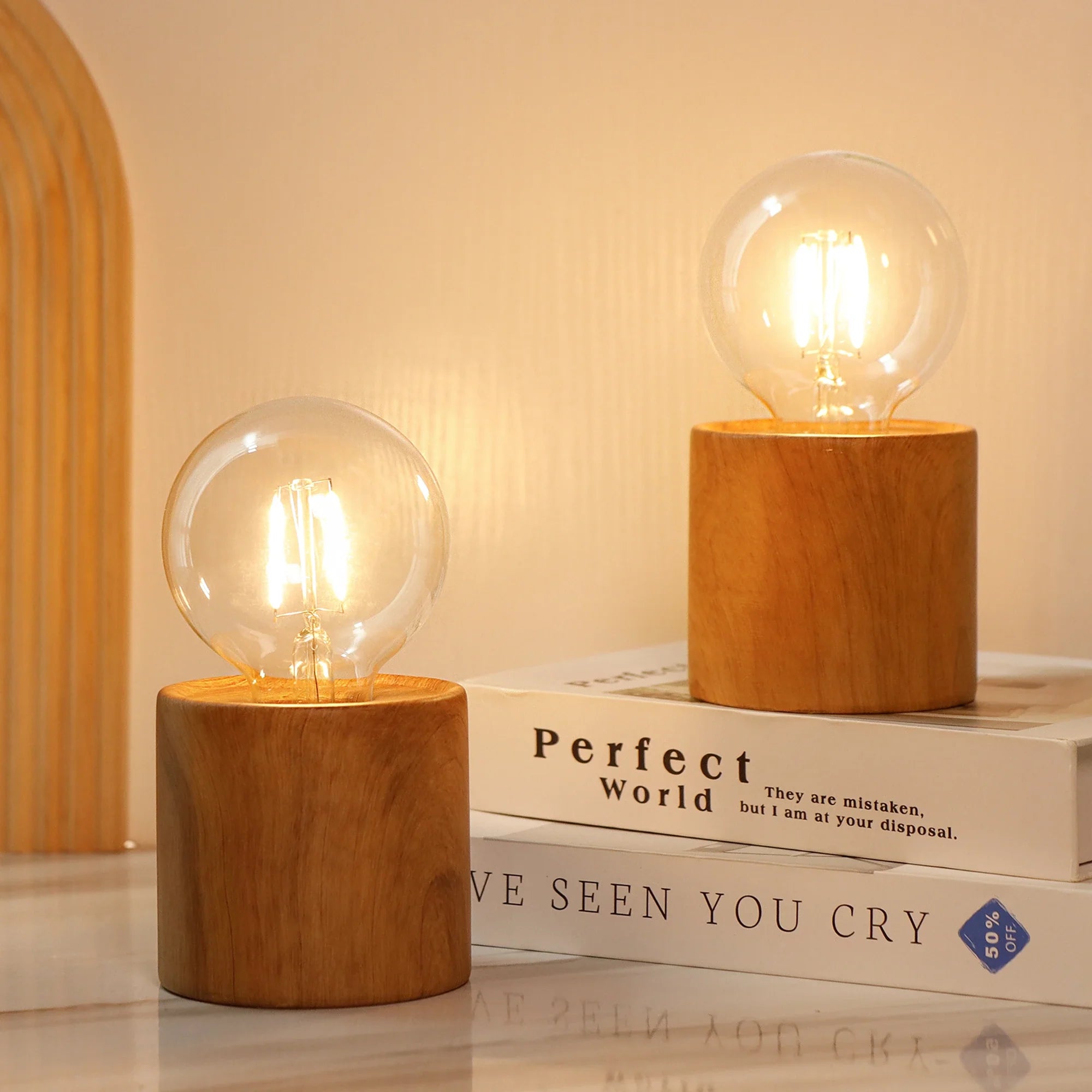 Tall Wood Grain Battery Powered Table Lamp 6.5" (Set of 2)