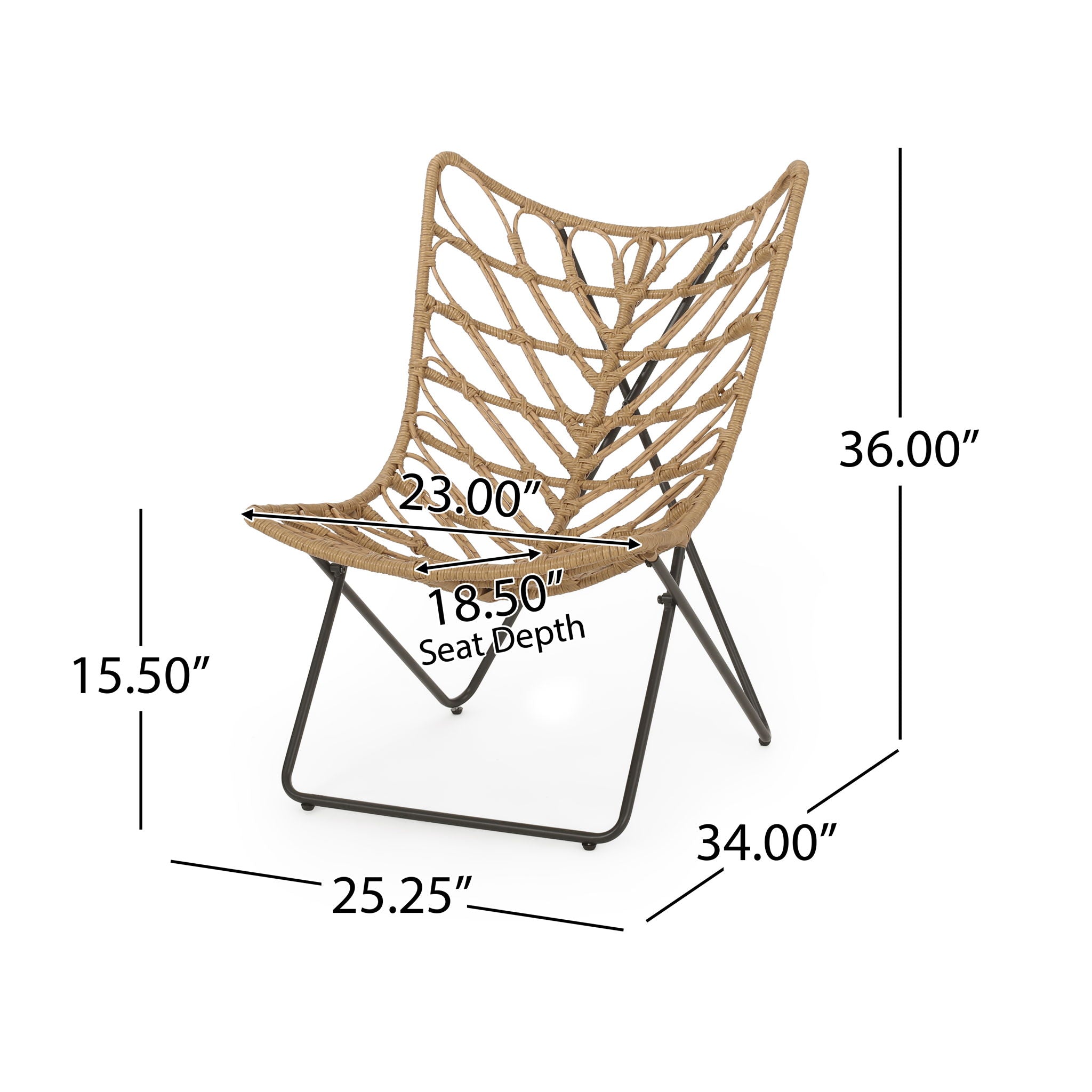 Measurement chart of a woven chair with dimensions labeled