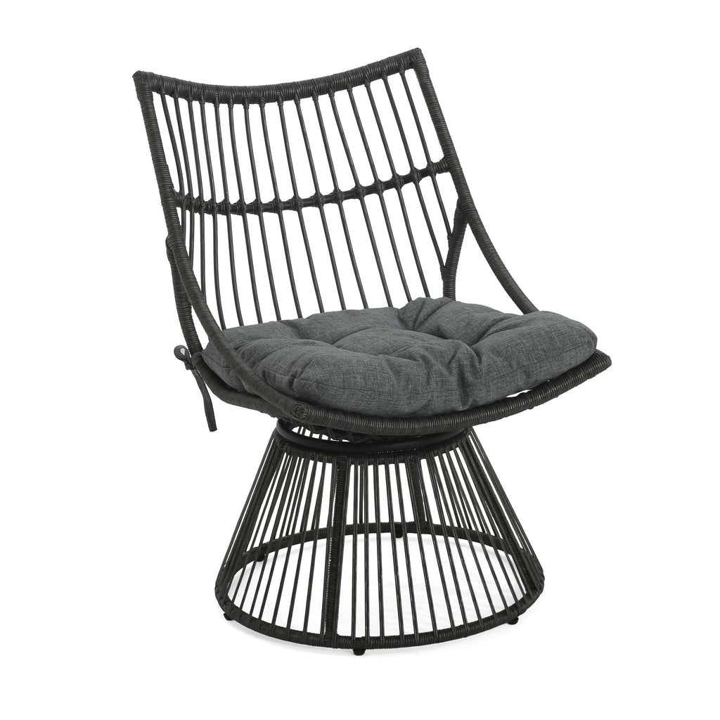 Black wire chair with a gray cushion on a white background