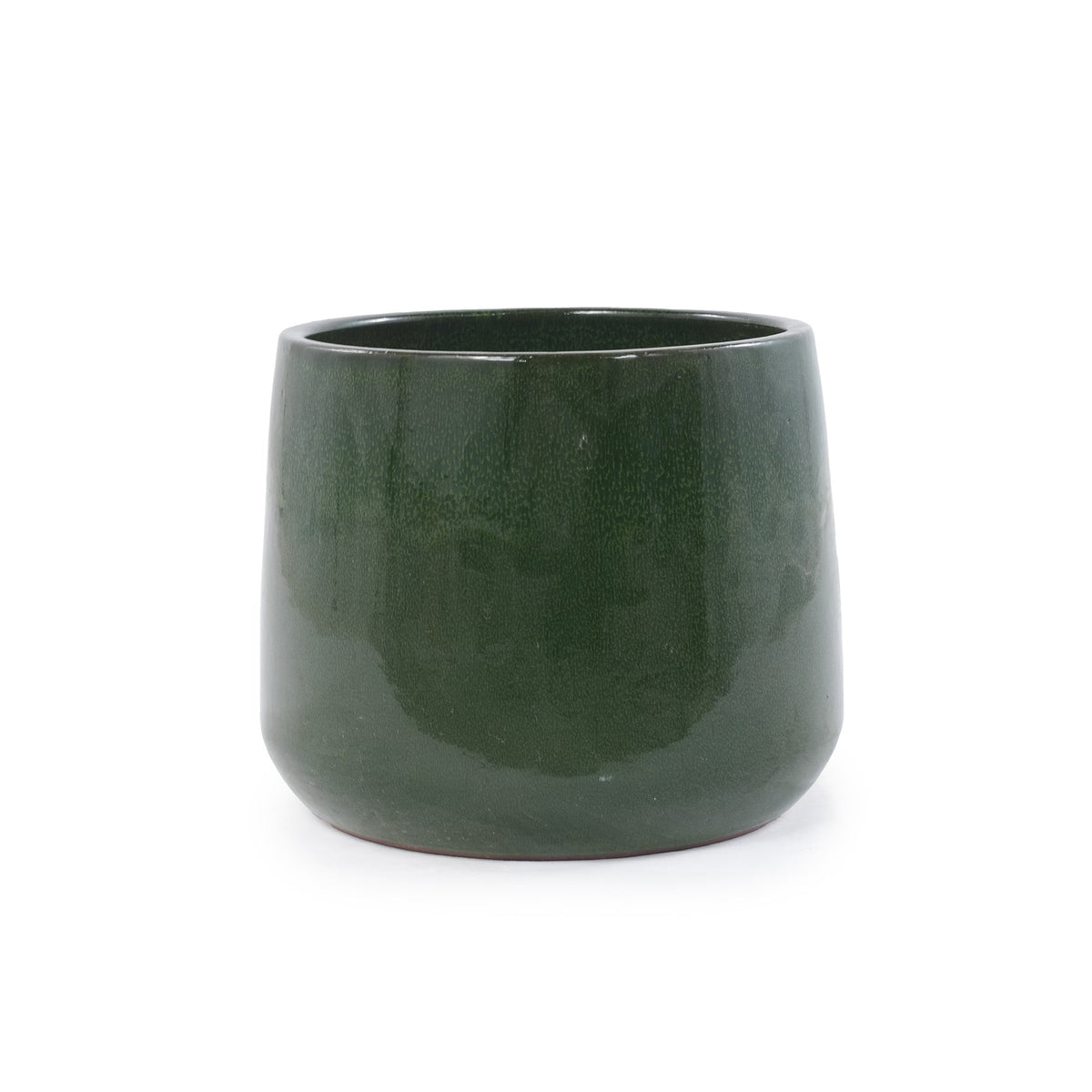 A dark green glazed ceramic planter pot with a wide, rounded shape, shown on a plain white background.