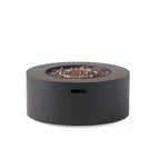 Black round fire pit with pebbles on a white background