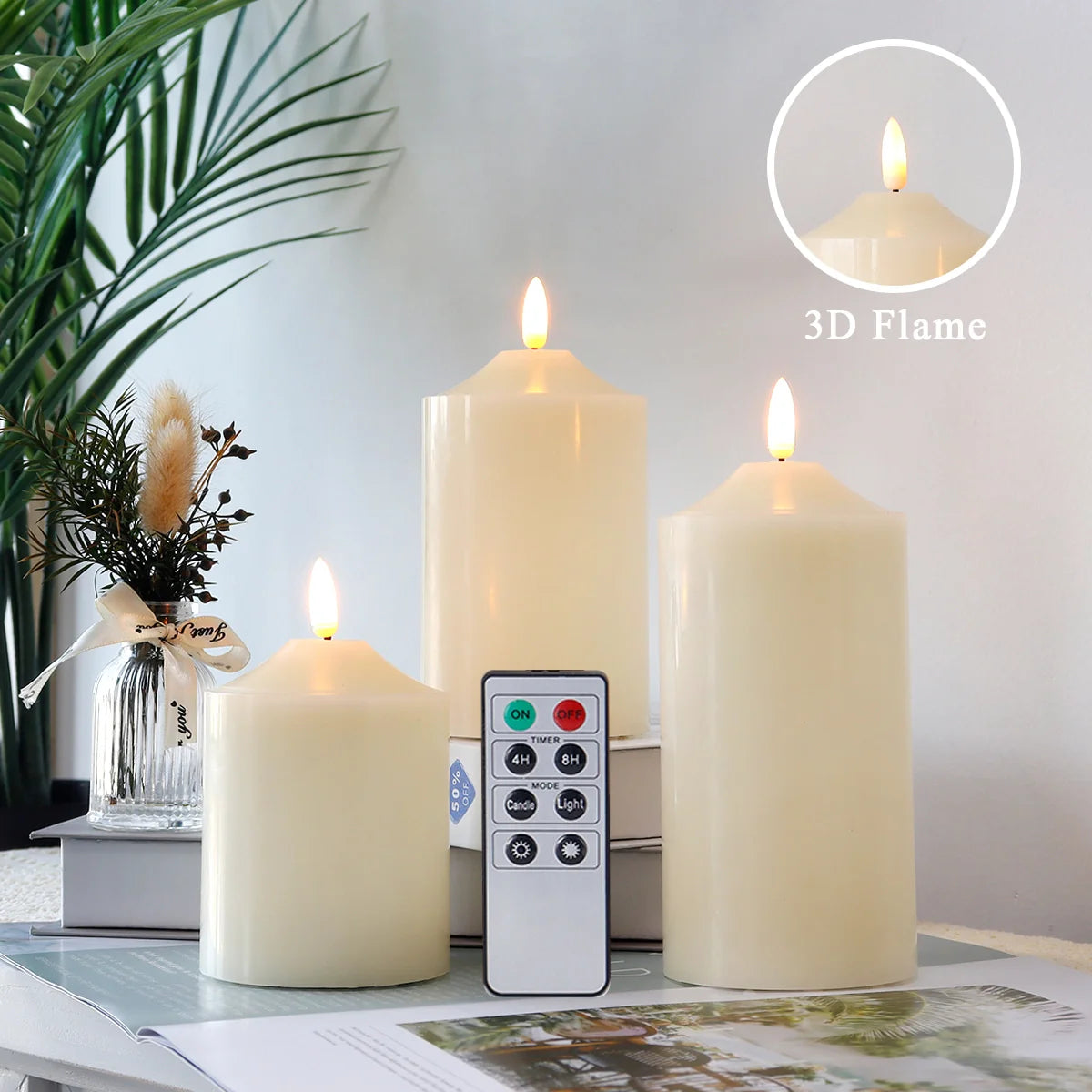 Bougies sans flamme 3D de 4/5/6 pouces de hauteur (lot de 3)