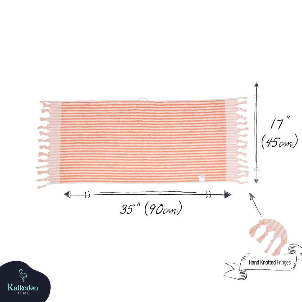 Orange and white striped hand towel with hand-knotted fringes, size 35x17 inches