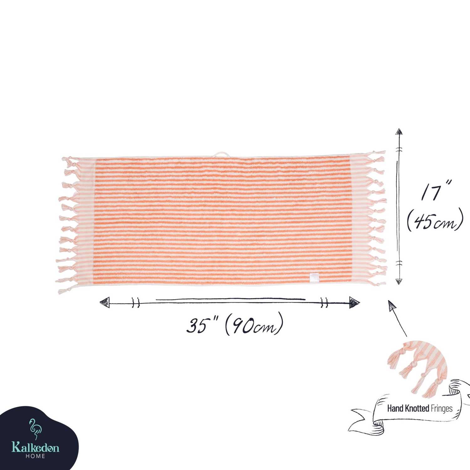 Orange and white striped hand towel with hand-knotted fringes, size 35x17 inches