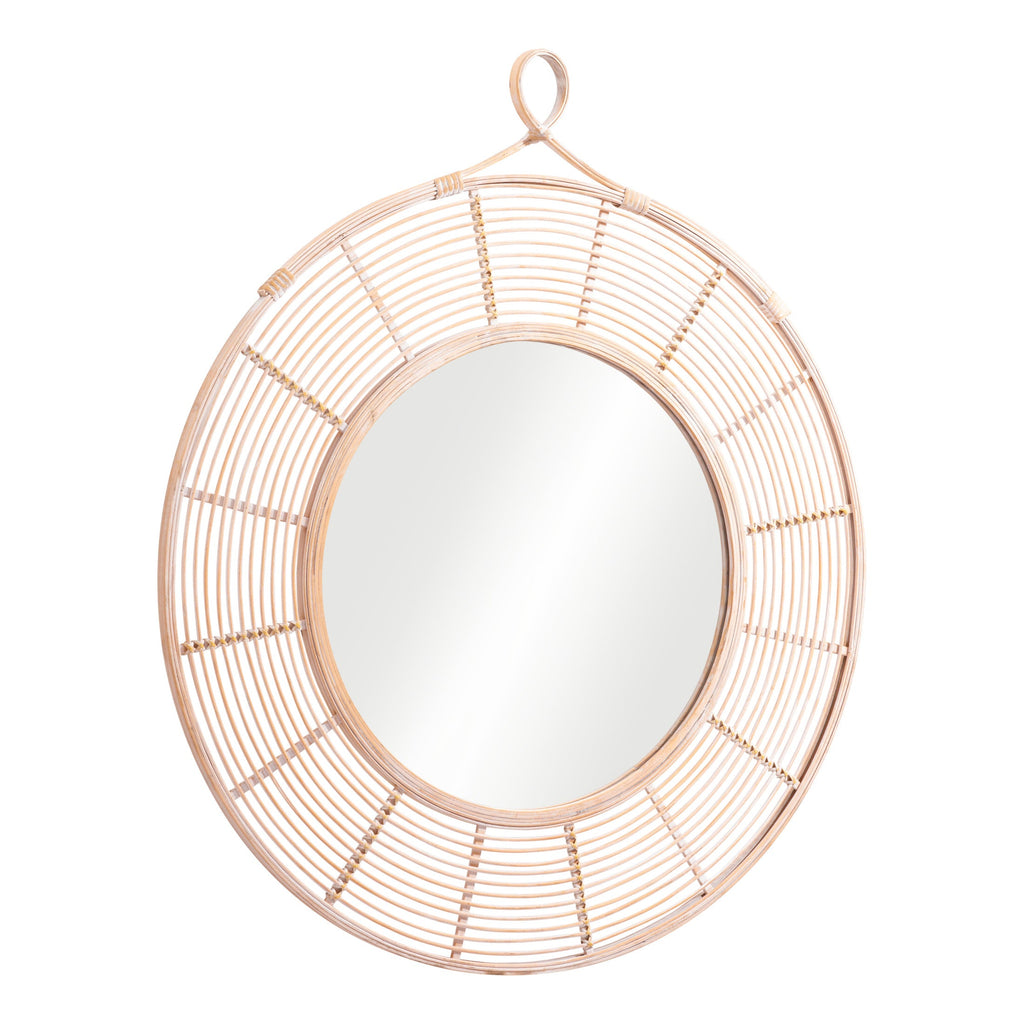Round rattan mirror with a wicker-like frame on a white background