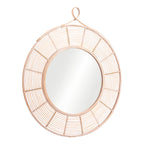 Round rattan mirror with a wicker-like frame on a white background