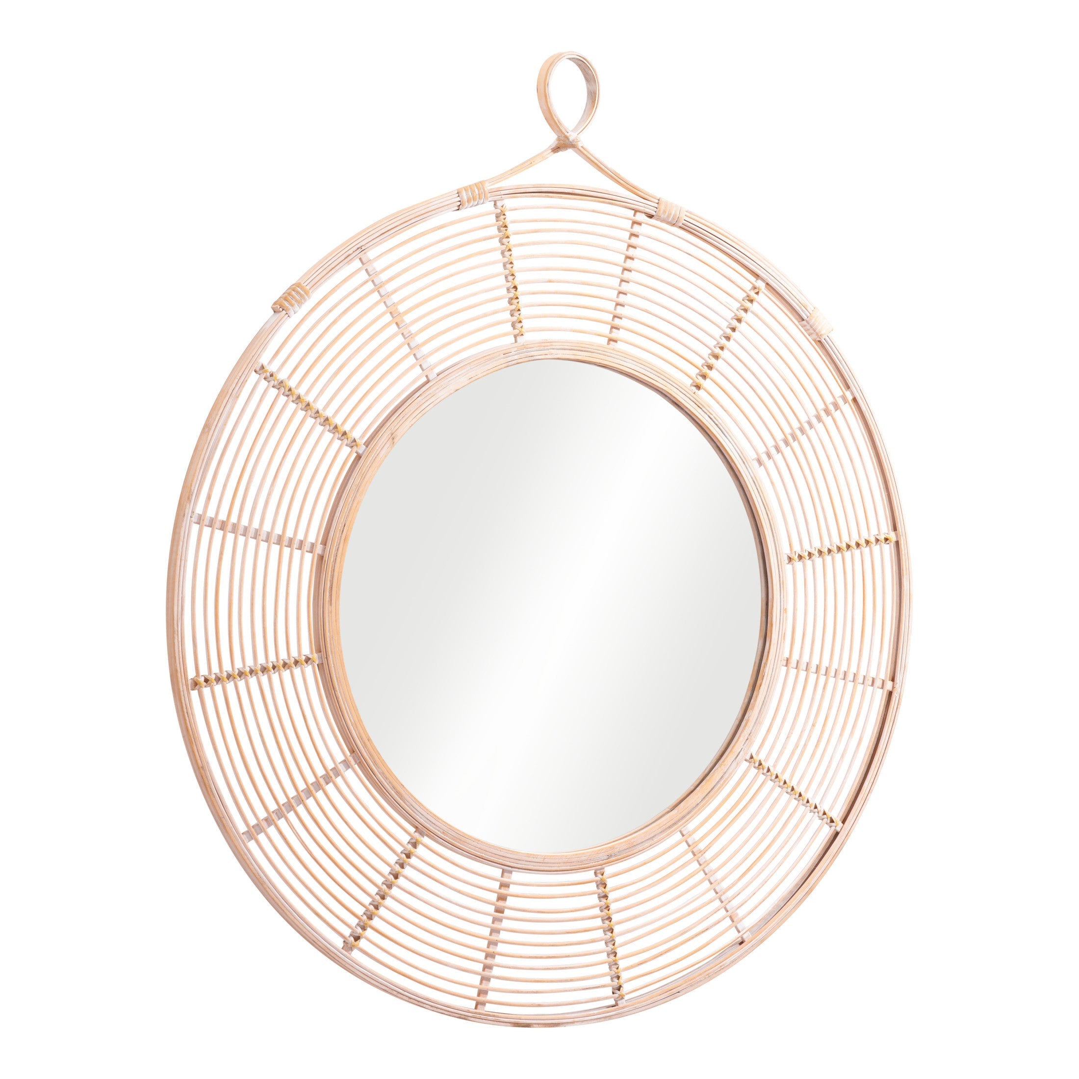 Round rattan mirror with a wicker-like frame on a white background