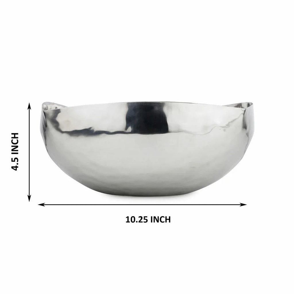 Silver bowl with dimensions labeled on a white background