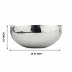 Silver bowl with dimensions labeled on a white background