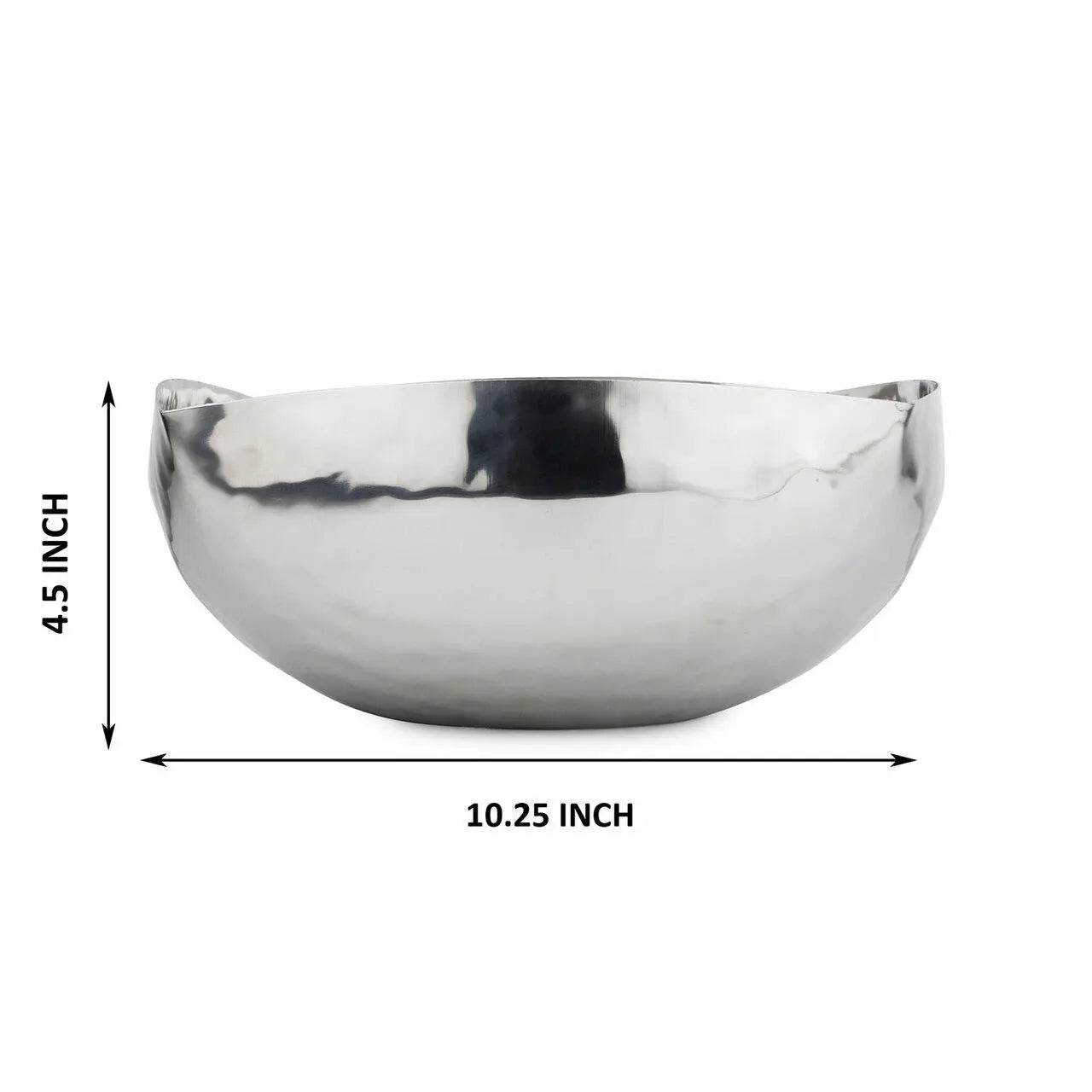 Silver bowl with dimensions labeled on a white background