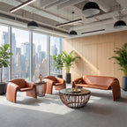 Modern office lounge with leather furniture and city view