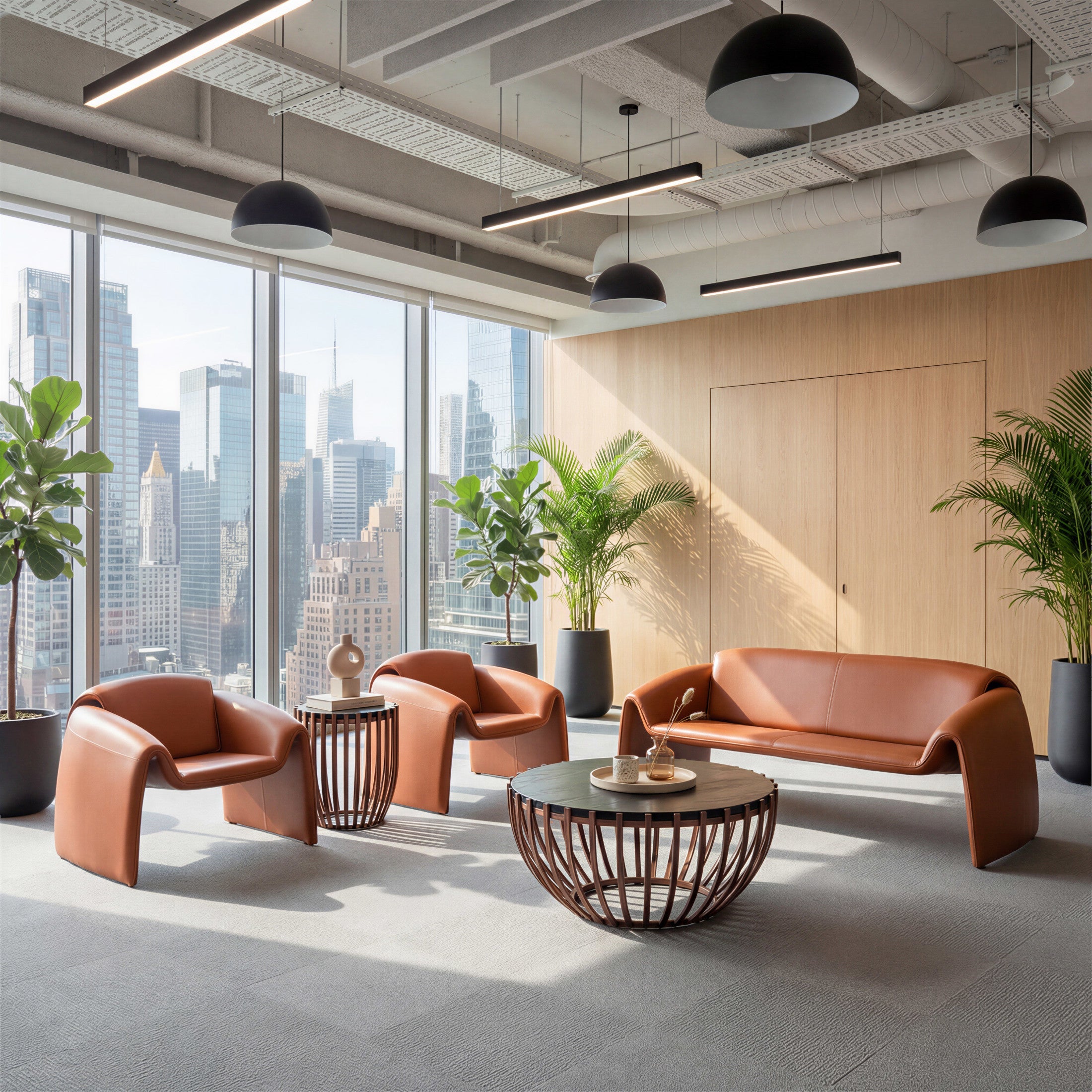 Modern office lounge with leather furniture and city view