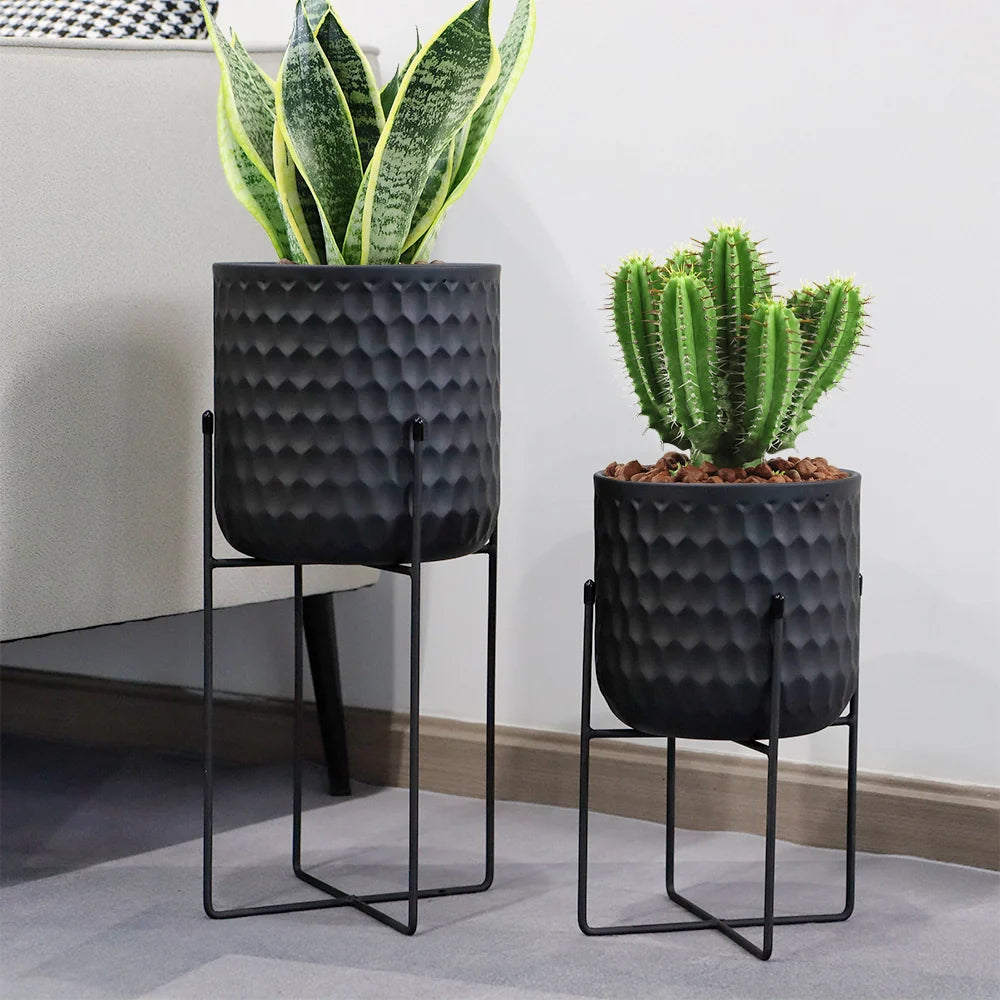 Tall Metal Flowerpot with Stand 12"&18" H - Black (Set of 2)