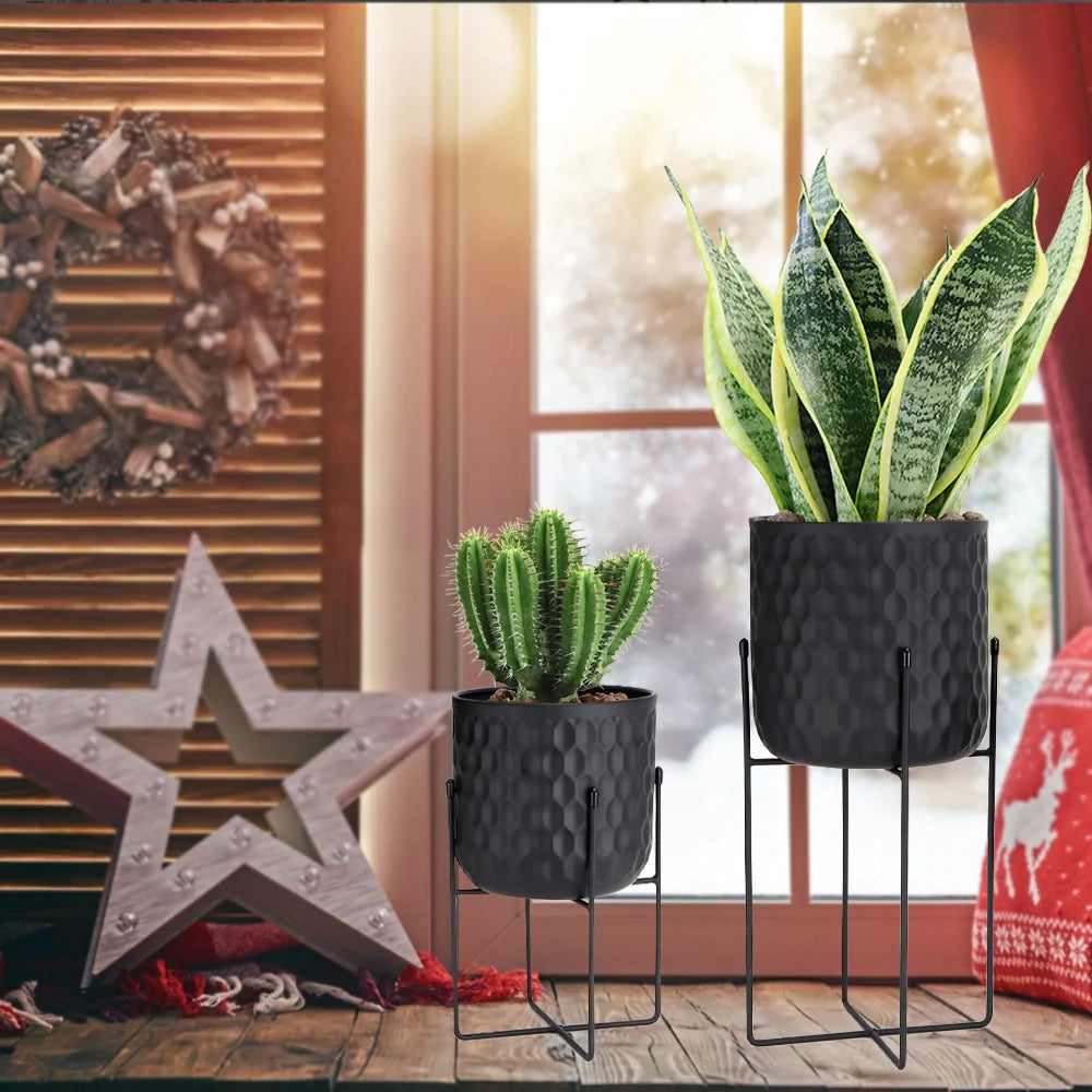 Tall Metal Flowerpot with Stand 12"&18" H - Black (Set of 2)