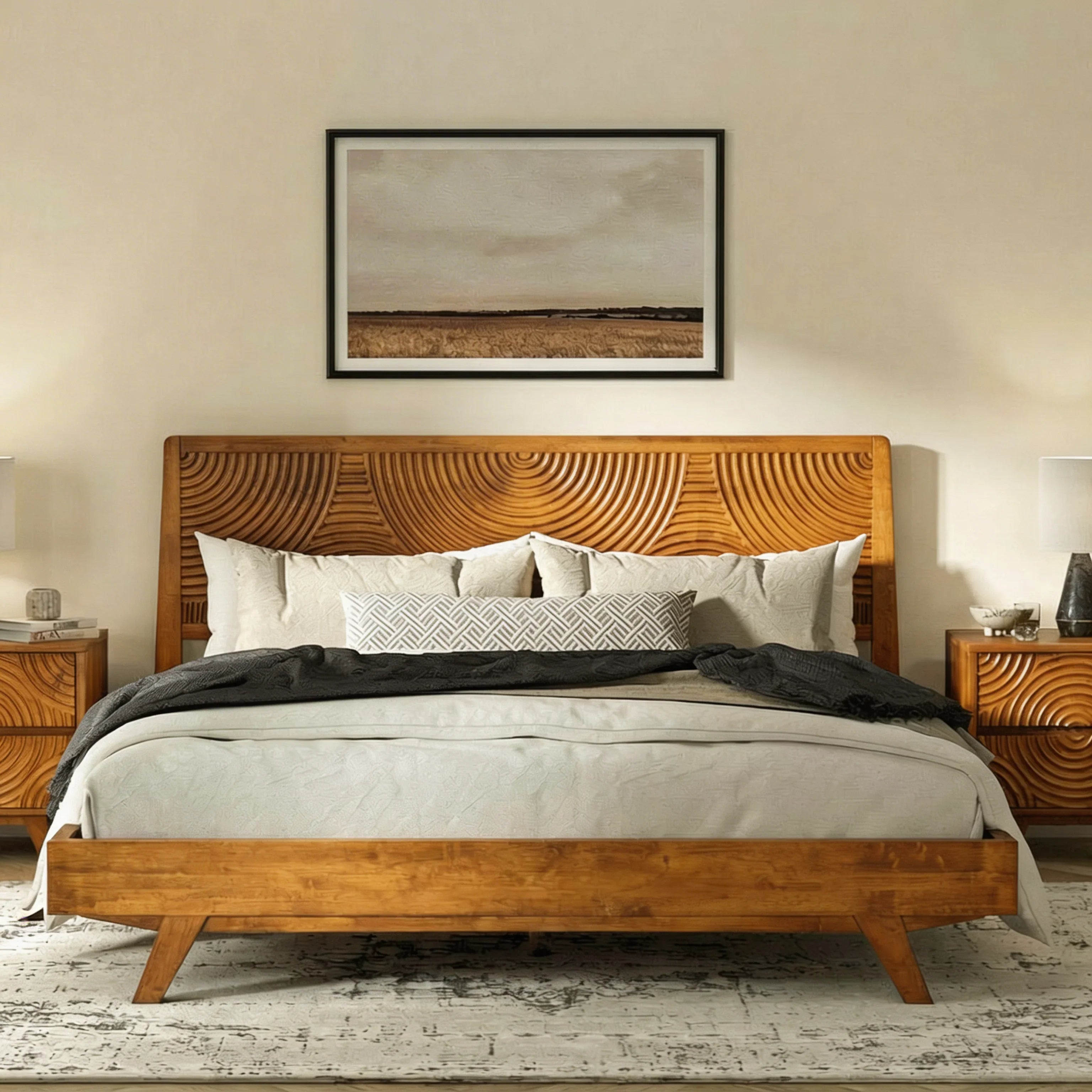 Wooden bed with decorative headboard in a bedroom setting