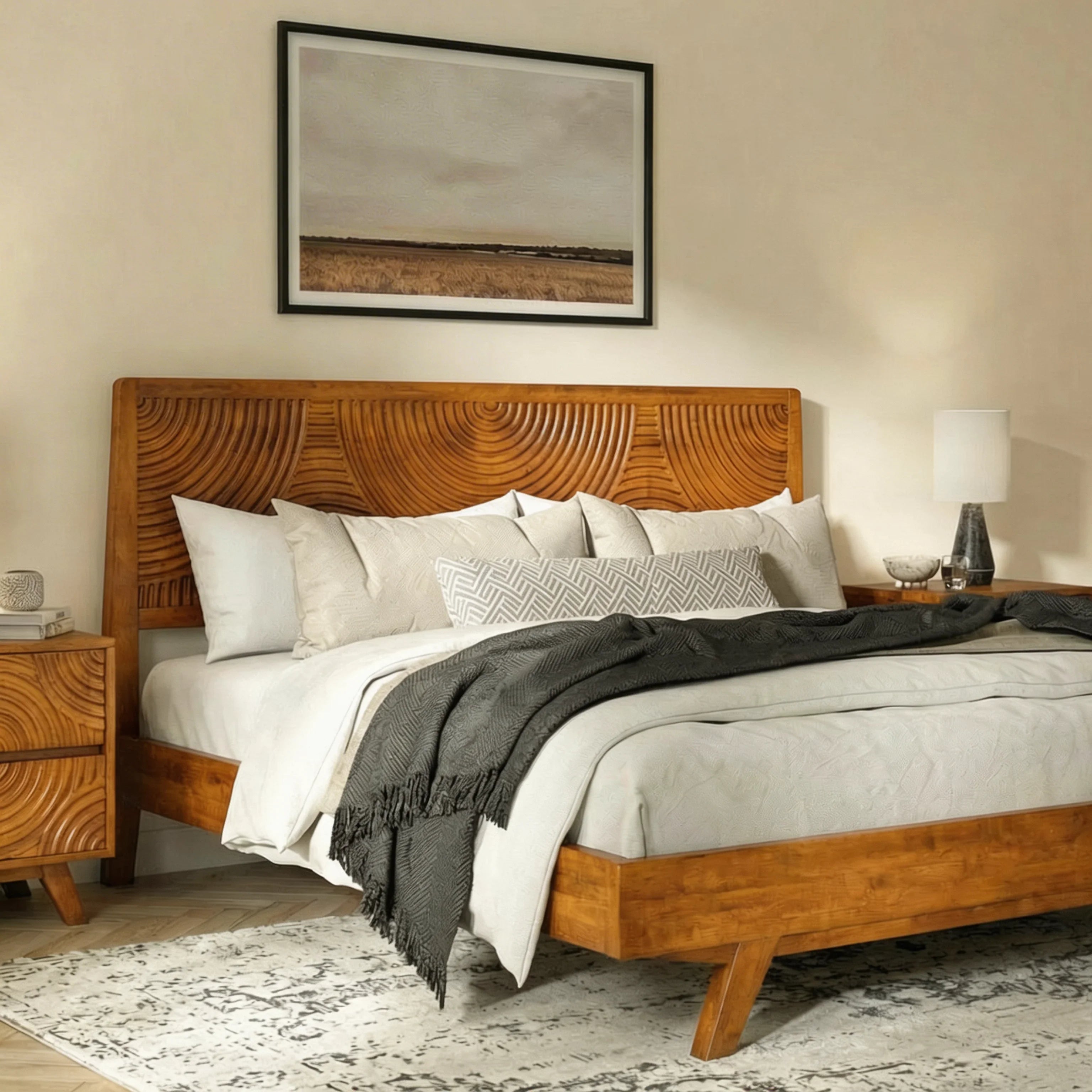 Wooden bed with decorative pillows and a lamp in a bedroom setting.