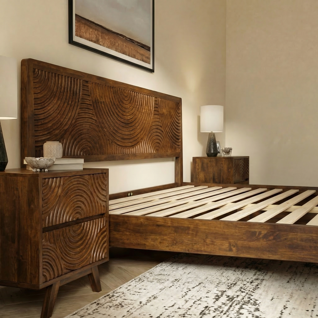 Wooden bed with intricate carvings in a bedroom setting