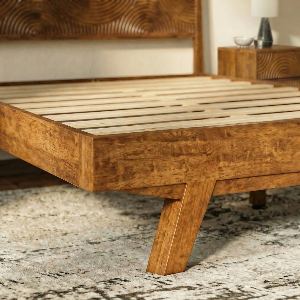 Wooden bed frame with a textured headboard on a patterned rug.
