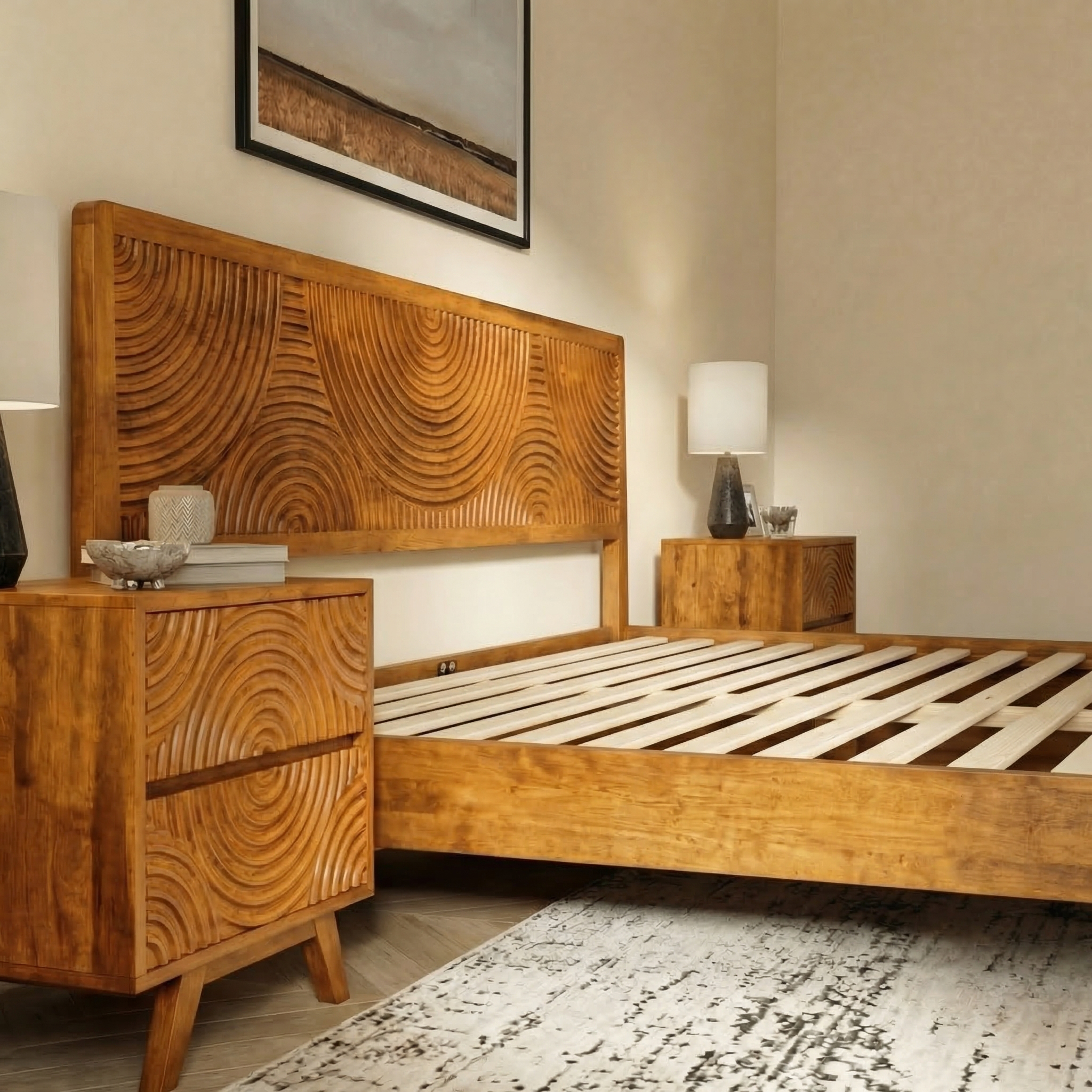 Wooden bed with intricate carvings in a bedroom setting